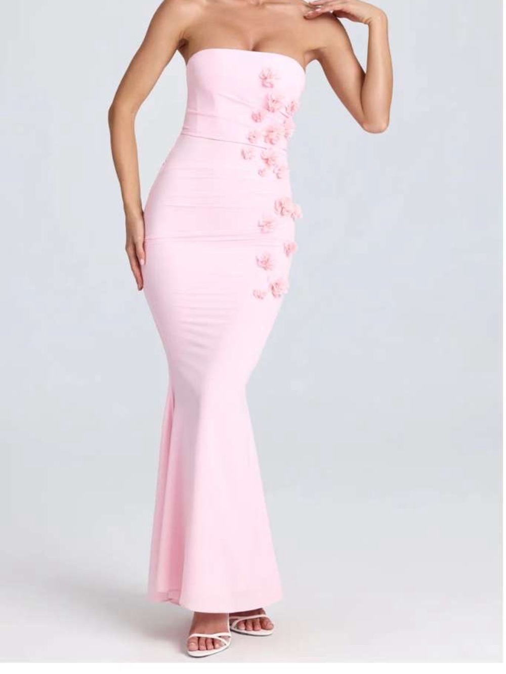 Oh Polly Strapless Light Pink Floral Maxi Dress